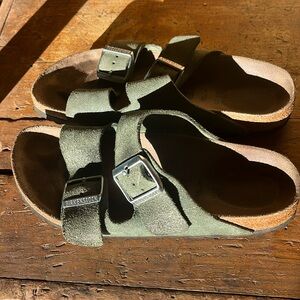 Birkenstocks buttery soft sparkly green suede, size 38